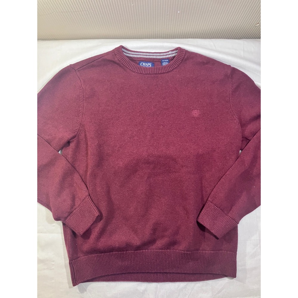 Chaps Mens XL Burgundy 100% Cotton Crewneck Sweater Embroidered‎ Crest Logo